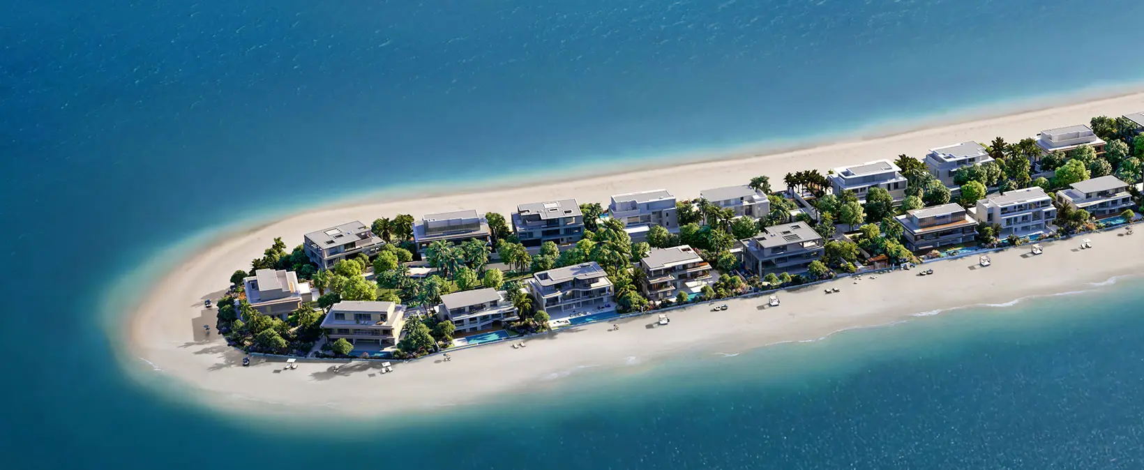 Aerial view of beachfront villas along a Palm Jebel Ali frond