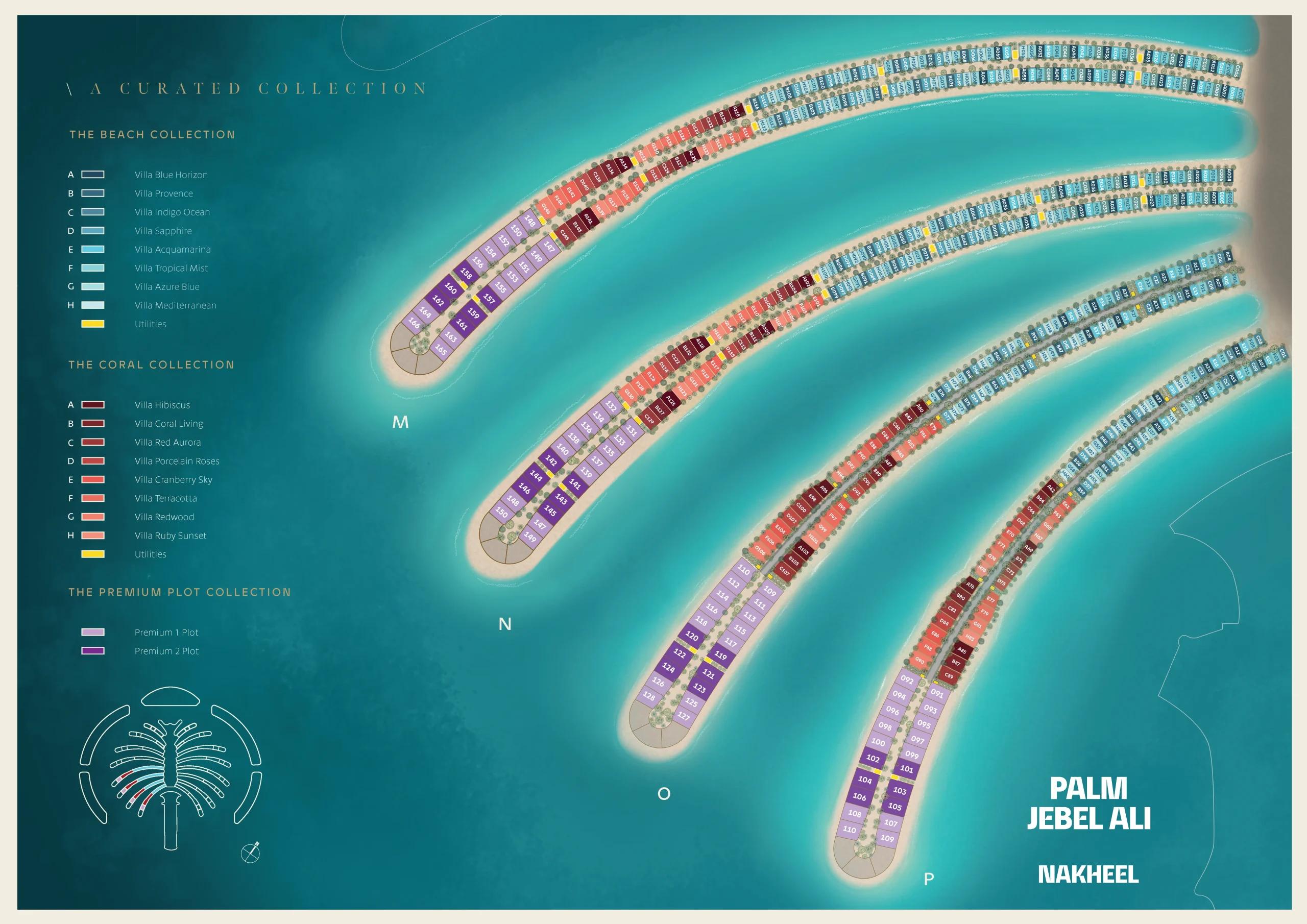 Palm Jebel Ali villa map showing the Beach Collection, Coral Collection and Premium Plot Collection on Fronds M to P